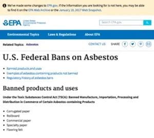 A screenshot of the u. S. Federal ban on asbestos