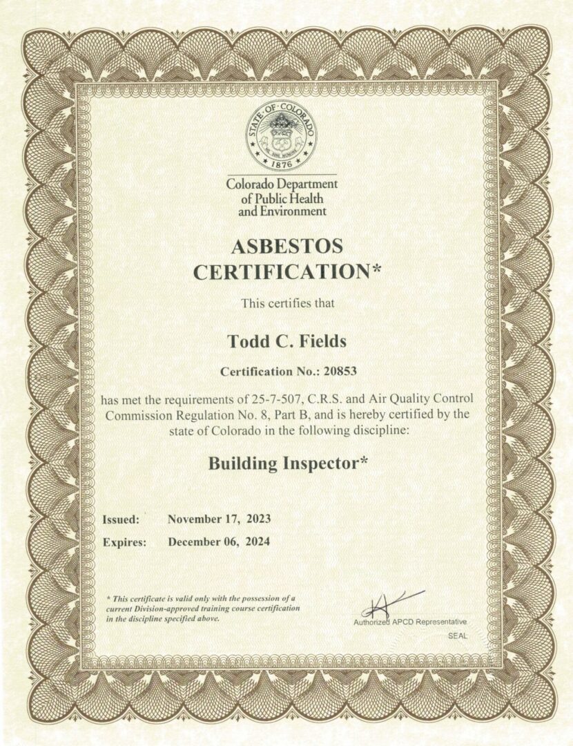 A certificate of completion for a building inspector.