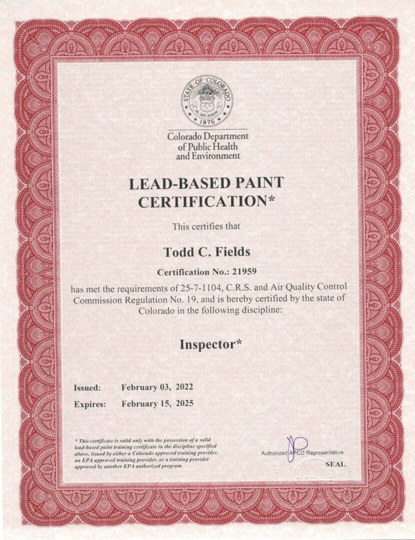 A certificate of lead based paint certification